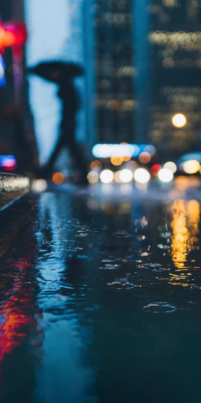 Rainy Cityscape: Umbrella and Reflections