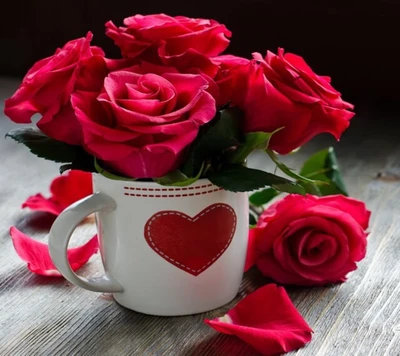 Roses rouges vibrantes dans une tasse ornée de cœurs