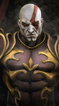 Kratos, o Deus da Guerra, vestido com armadura ornamentada, exalando força e determinação.