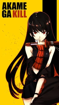 Akame de "Akame ga Kill!" dans une pose frappante sur un fond jaune et noir audacieux.