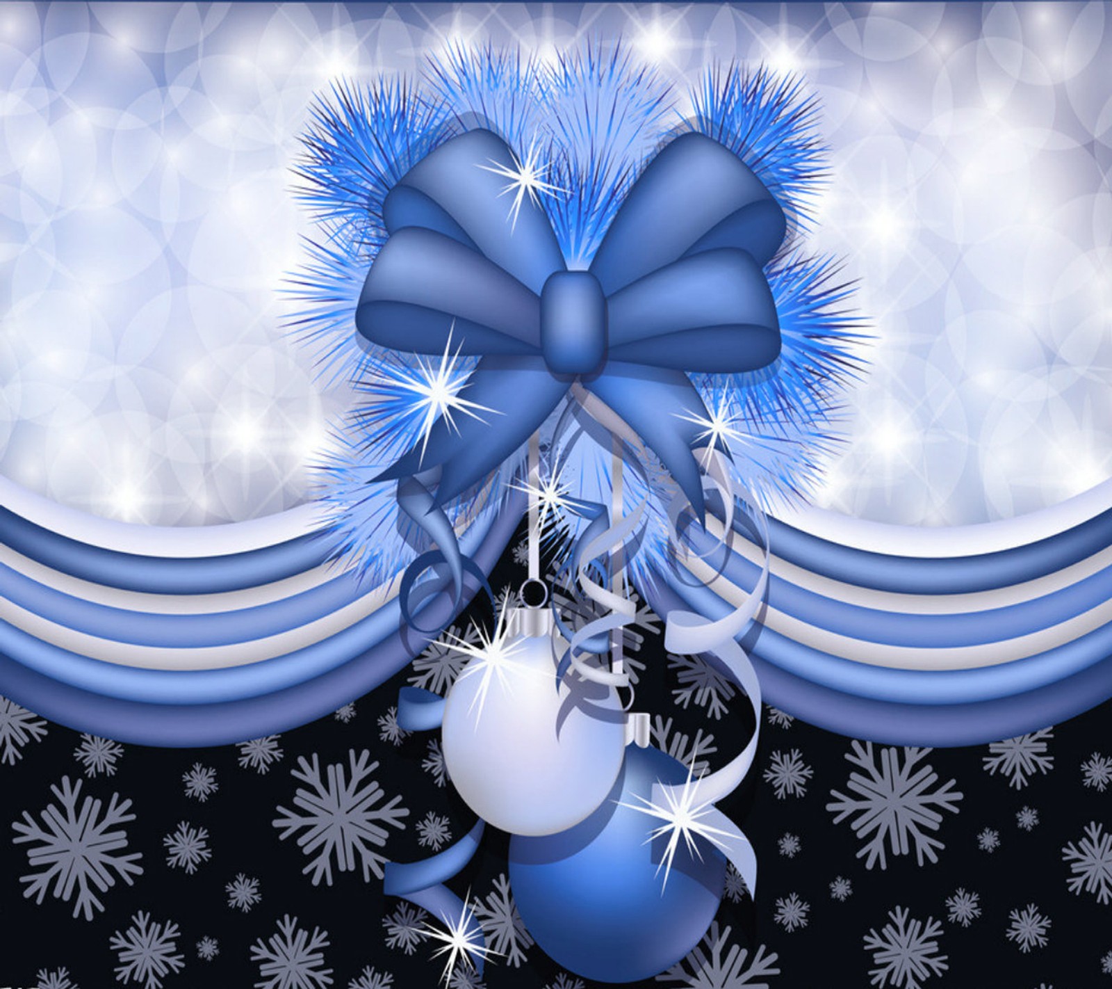 A close up of a blue christmas background with a bow and ornaments (christmas, decoration)