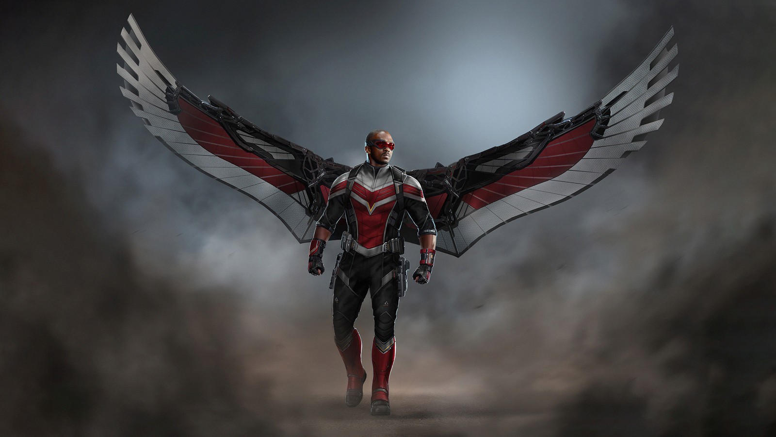 A man in a suit with wings standing in a dark area (falcon, sam wilson, captain america, marvel comics, superhero)