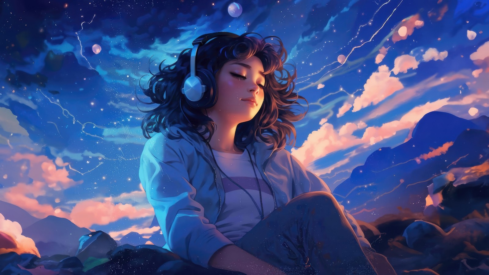 Eine frau, die auf einem felsen sitzt, kopfhörer trägt und in den himmel schaut (anime mädchen, listening to music, kopfhörer, lofi)