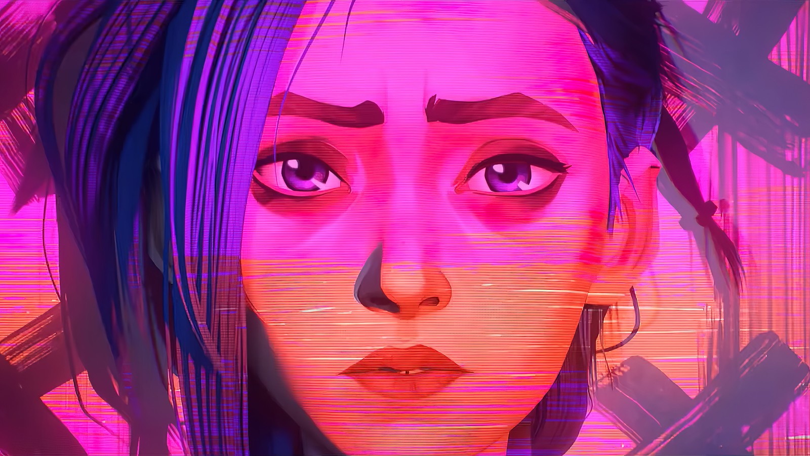 A close up of a woman with long hair and a pink background (jinx, arcane series, netflix, tv series, league of legends)