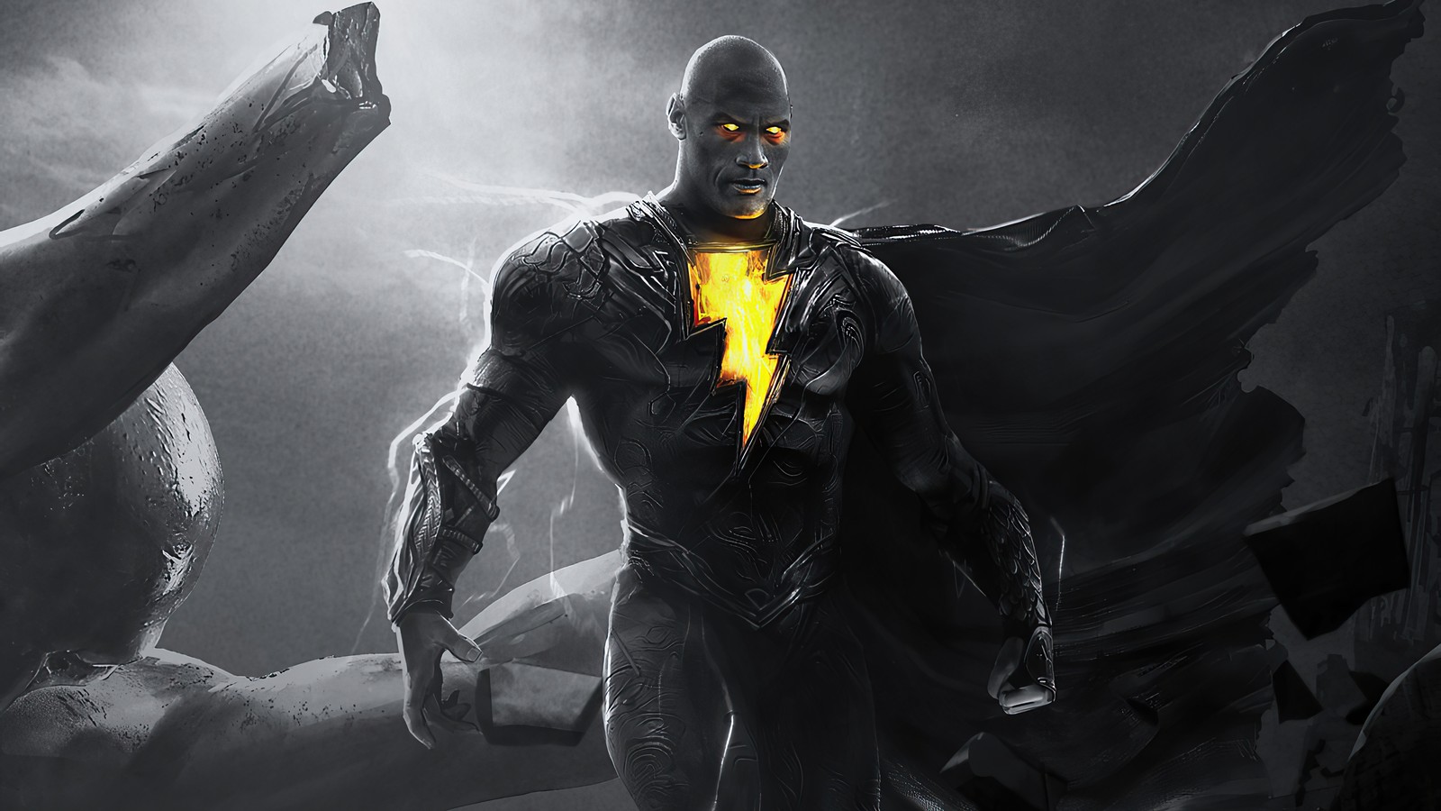 Primer plano de un hombre en un traje negro con un destello amarillo (black adam 2022, película, black adam)