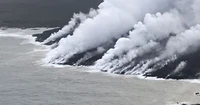 ola, volcán, lava, nube, mar