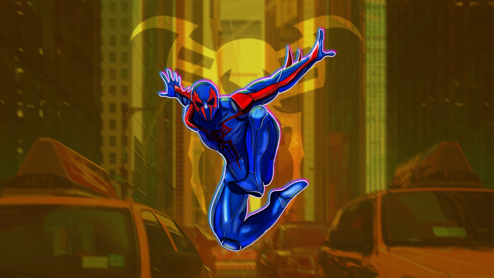 Spider-man dans la ville avec un fond jaune (spider man 2099, films 2023, spider man à travers le spider verse, spider man across the spider verse, marvel comics)