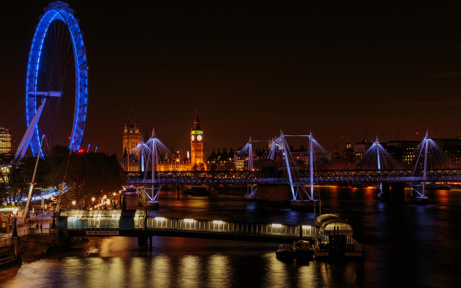 Скачать обои лондонский мост, london bridge, достопримечательность, колесо обозрения, ночь