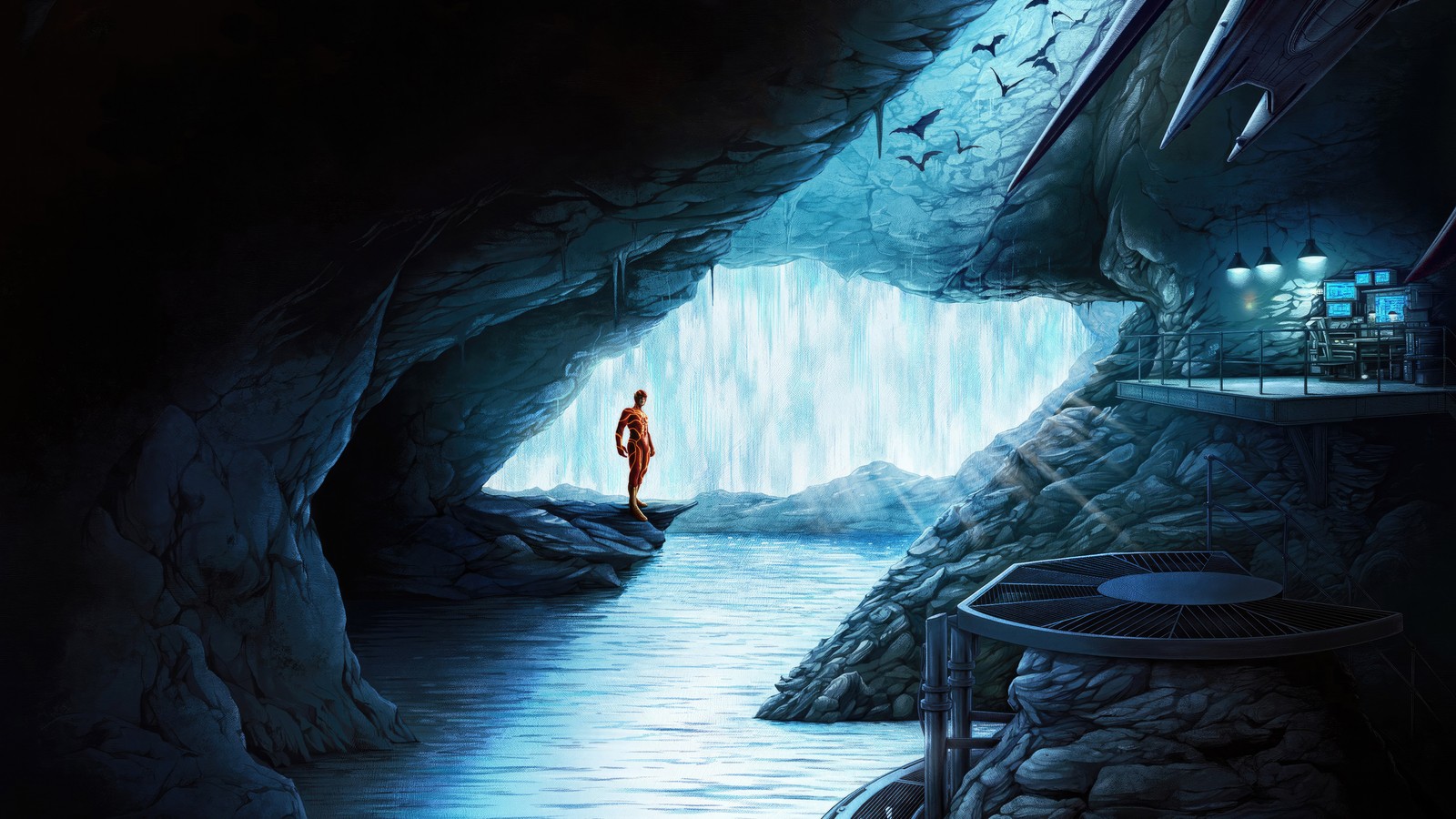 Hay un hombre de pie en una cueva con una cascada (the flash, cueva de murciélagos, barry allen, dc comics, 5k)