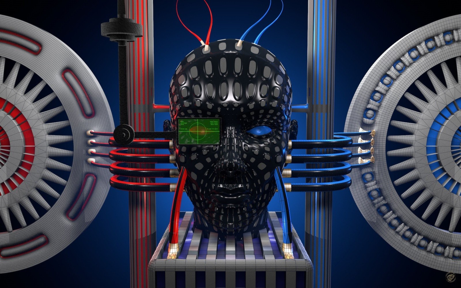 Close de uma máquina com uma cabeça de caveira nela (robô, arte digital, cabeça, espaço, tecnologia)