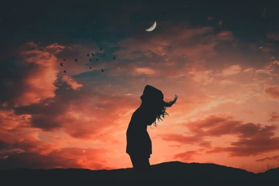 Silhouette d'une fille contre un ciel crépusculaire avec une lune croissante et des oiseaux