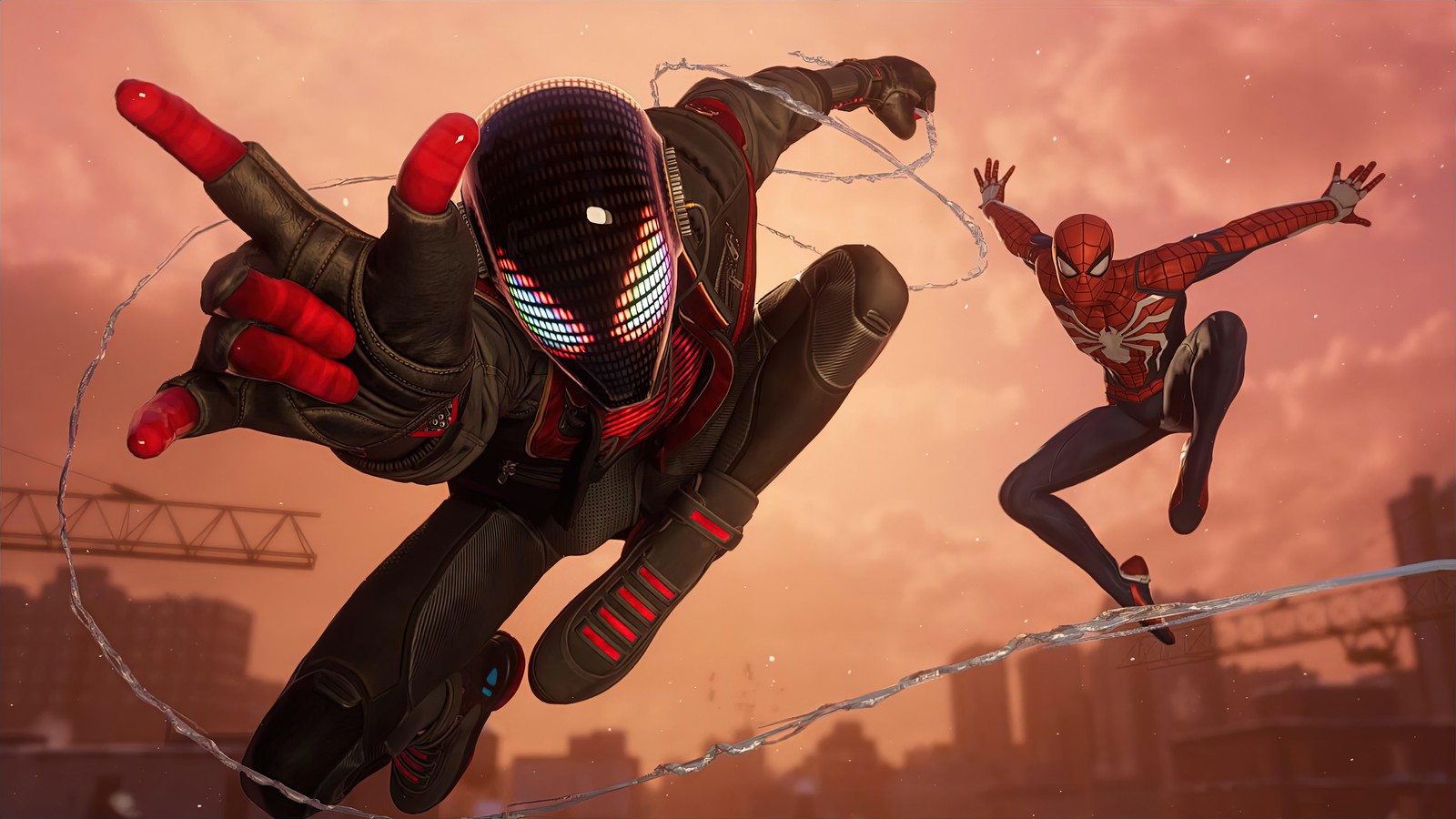 Spider-man saute par-dessus un fil dans une scène du jeu vidéo spider-man (marvels spider man miles morales, playstation 5, ps5, jeu vidéo, miles morales)