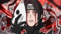 Itachi Uchiha con una máscara, rodeado de sombras oscuras y tonos rojos, encarnando la esencia del misterio y el poder en el universo de Naruto.