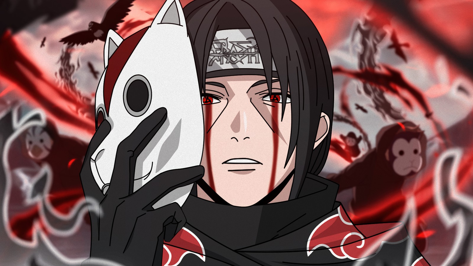 A close up of a person holding a mask in front of a red background (itachi uchiha, mask, naruto, 5k, anime)