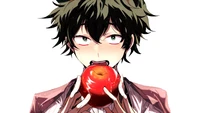 Izuku Midoriya sosteniendo una manzana con una sonrisa sonrojada