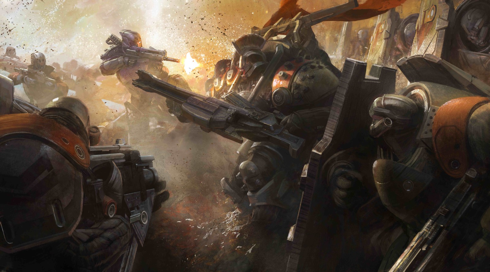 A group of soldiers with guns and helmets in a battle (destiny 2, bungie, concept art, art, shooter game)