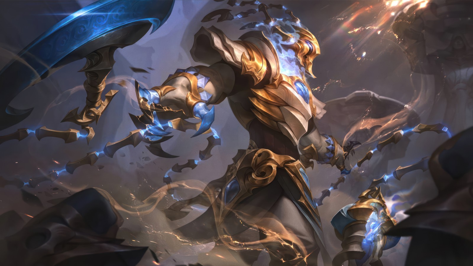 Um homem com uma espada e uma espada na mão (thresh, campeonato, dourado, croma, chroma)