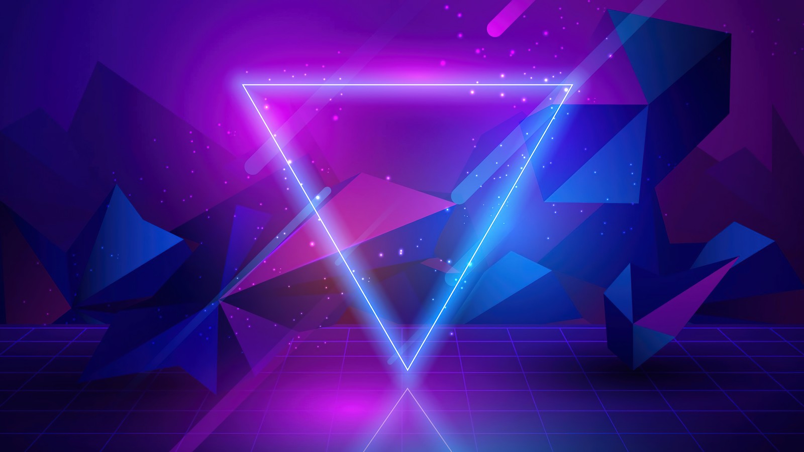 A neon triangle with geometric shapes on a dark background (abstract, digital art)