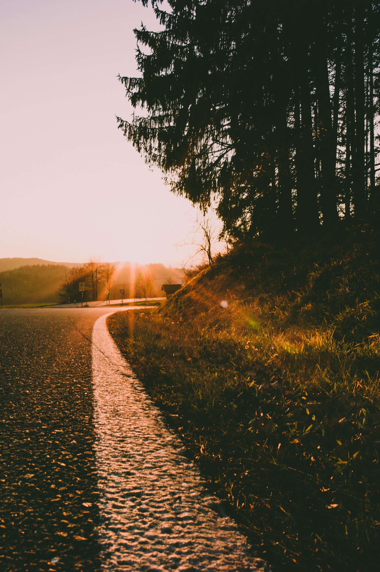 Uma pessoa andando de bicicleta em uma estrada ao pôr do sol (estrada, manhã, por do sol, nascer do sol, natureza)