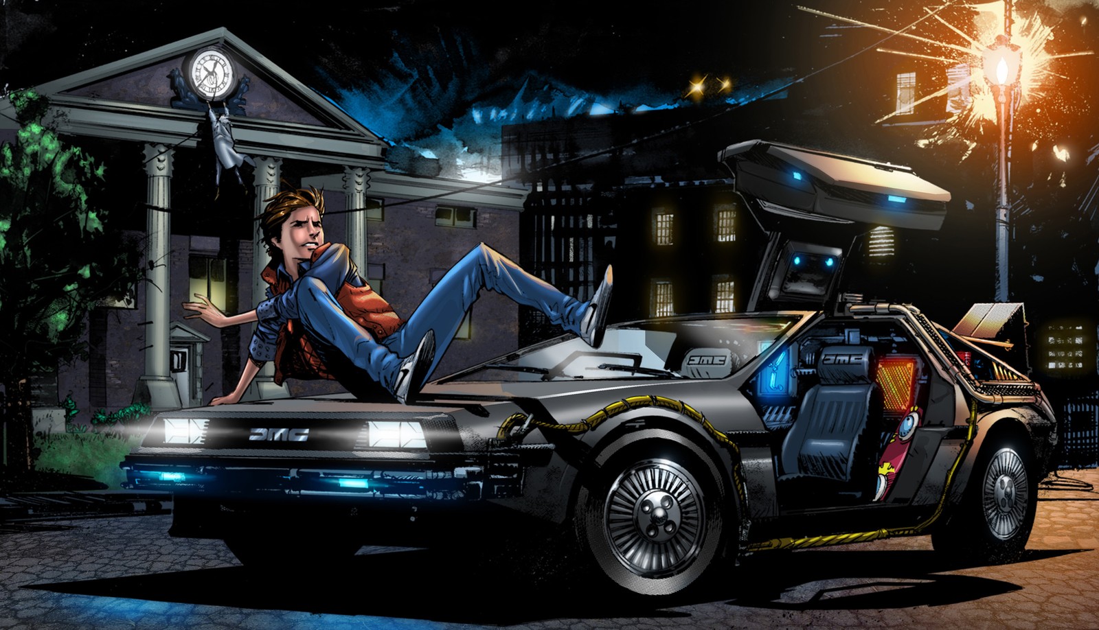 Un dibujo animado de un hombre sentado en la parte superior de un coche (regreso al futuro, back to the future, marty mcfly, viaje en el tiempo, coche)