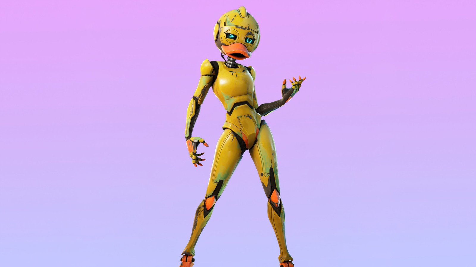 Un primer plano de un personaje de dibujos animados con un traje amarillo (fortnite, battle royale, videojuego, megg, atuendo)