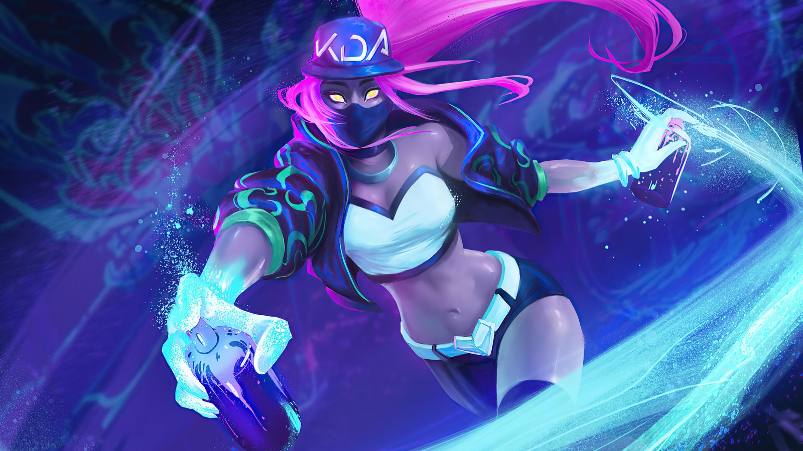 Eine frau in einem weißen oberteil und schwarzen shorts hält ein lila und blaues licht (kda, akali, neon, league of legends, lol)