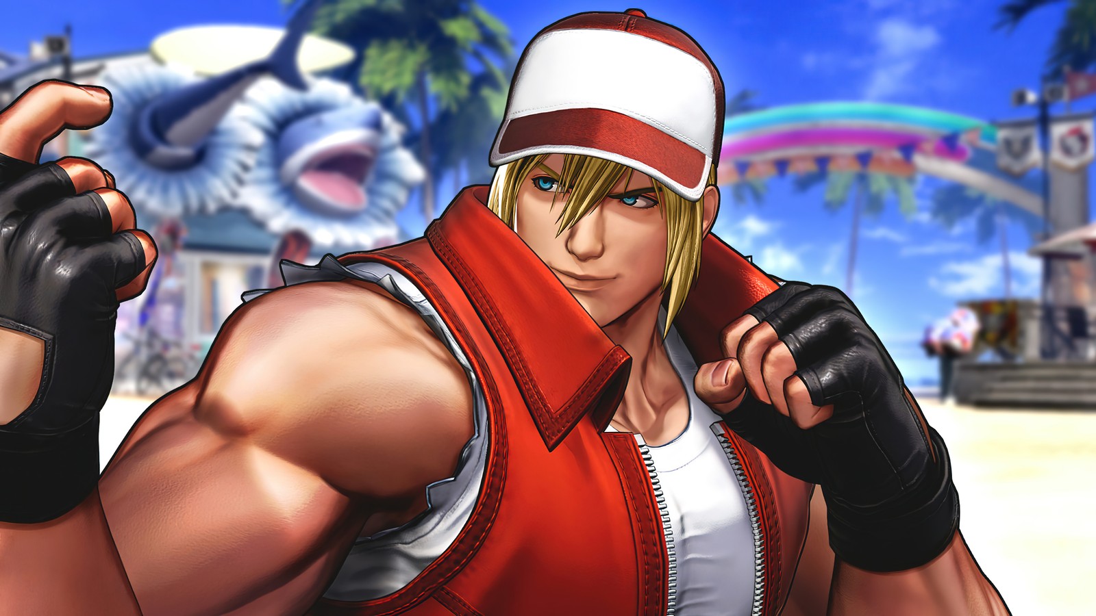 Un primer plano de una persona con chaleco rojo y sombrero blanco (the king of fighters xv, kof 15, videojuego, terry bogard)