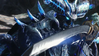 Vergil en forma de Devil Trigger empuñando una espada, mostrando su oscura y poderosa presencia en Devil May Cry 5.