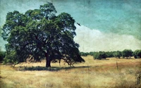 landscape painting, tree, painting, woody plant, grass