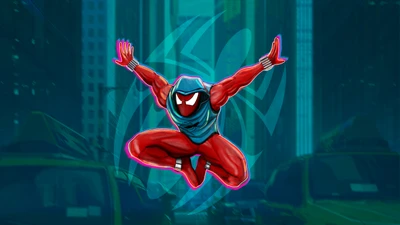 Scarlet Spider en acción: un momento dinámico de Marvel de "Spider-Man: A Través del Spider-Verse