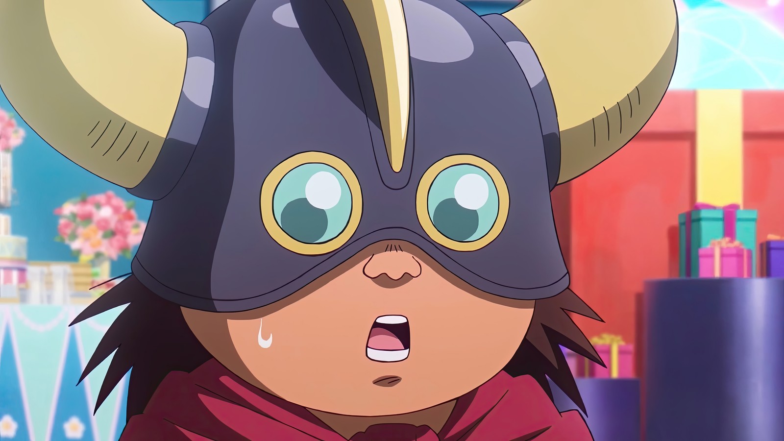 A close up of a person wearing a viking helmet with horns (ox king, dragon ball daima, anime, dragon ball)