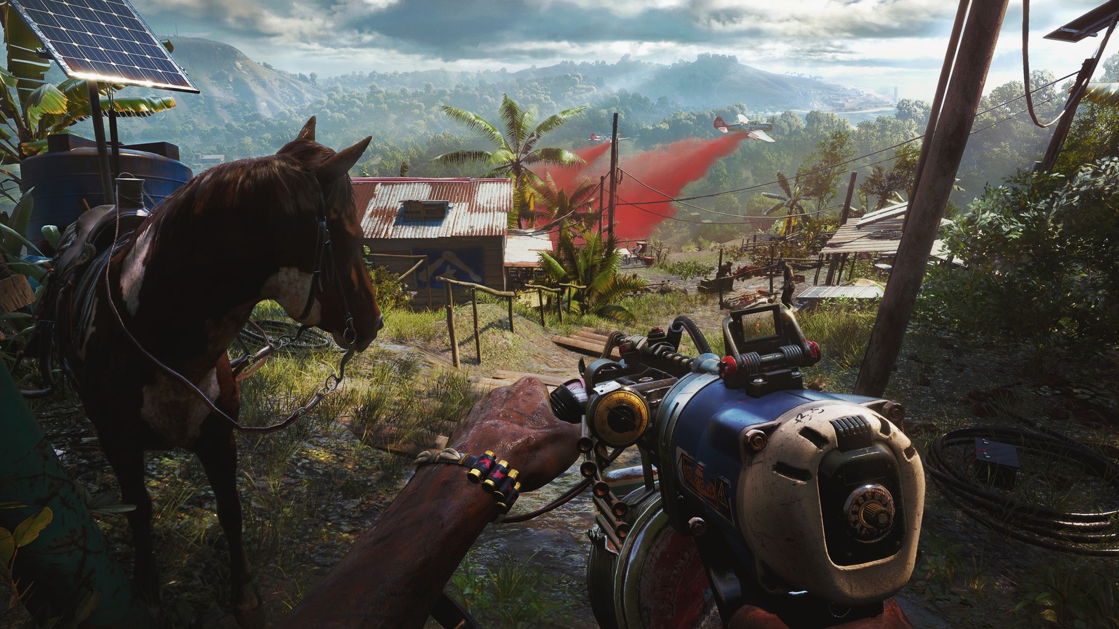 A close up of a horse standing next to a motorcycle (far cry 6, video game, fps)