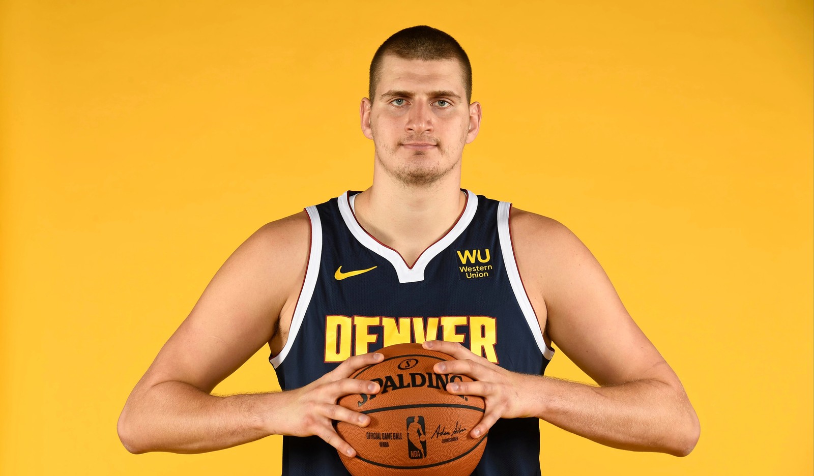 nikola jokic, serbian basketball player, nba, denver nuggets, yellow background wallpaper