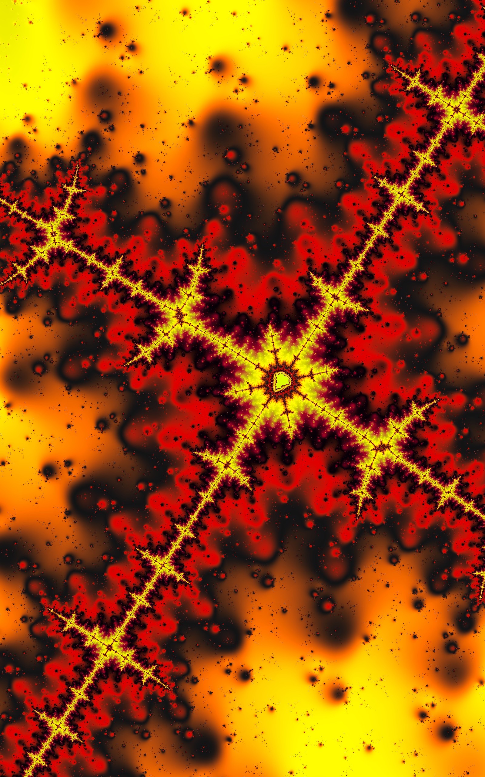 Un primer plano de una imagen generada por computadora de una estrella roja y amarilla (fractal, arte fractal, patrón, rojo, naranja)