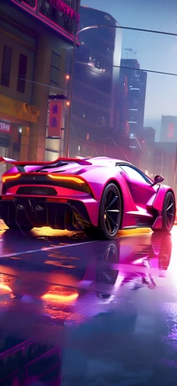 Vibrant Grand Tourer in a Neon Cityscape