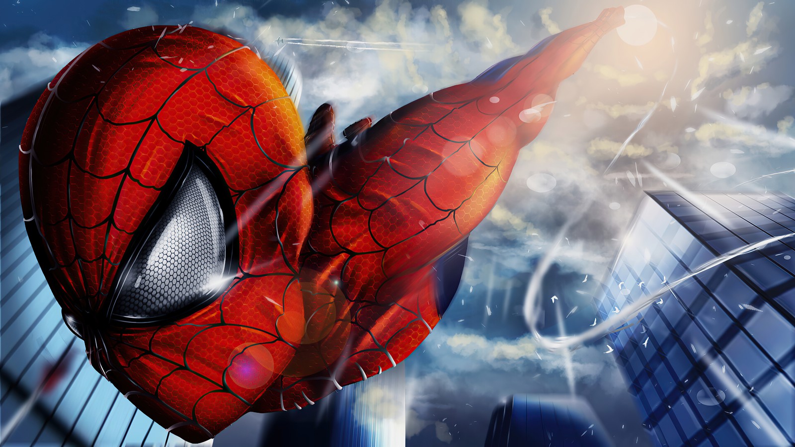 Spider-man volant dans les airs avec les bras tendus (spider man, super héros marvel, marvel superheroes, spiderman, graphismes cgi)