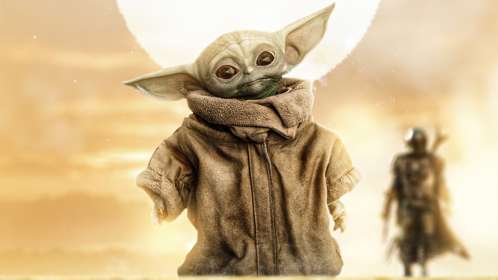 Малыш йода стоит перед мужчиной в костюме (малыш йода, baby yoda, ребенок, мандалорец, звёздные войны)