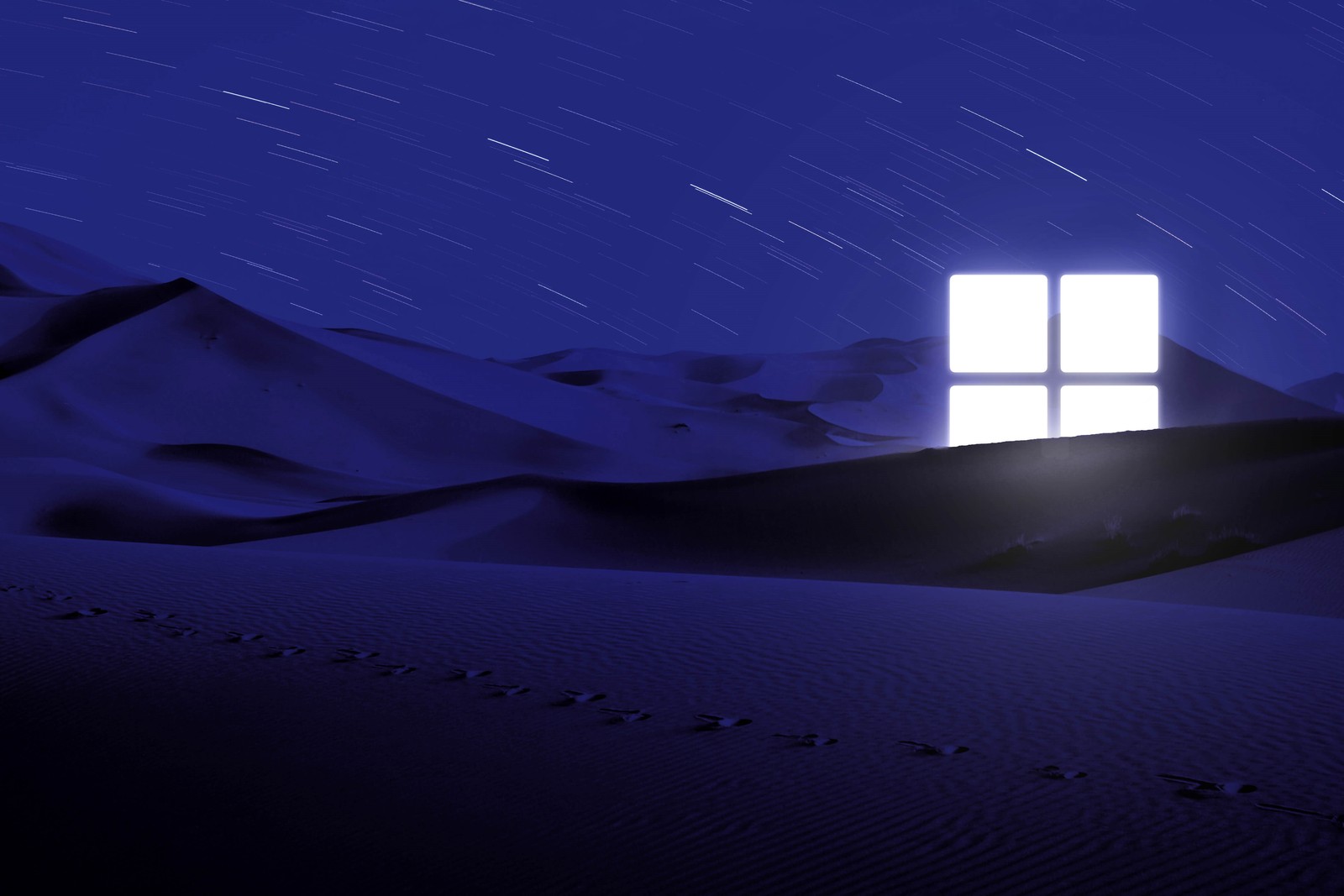 Uma vista iluminada de uma janela no deserto com uma trilha de estrelas (deserto, logotipo do windows, noite, azul, brilhante)