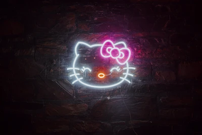 Cartel de neón de Hello Kitty sobre fondo oscuro