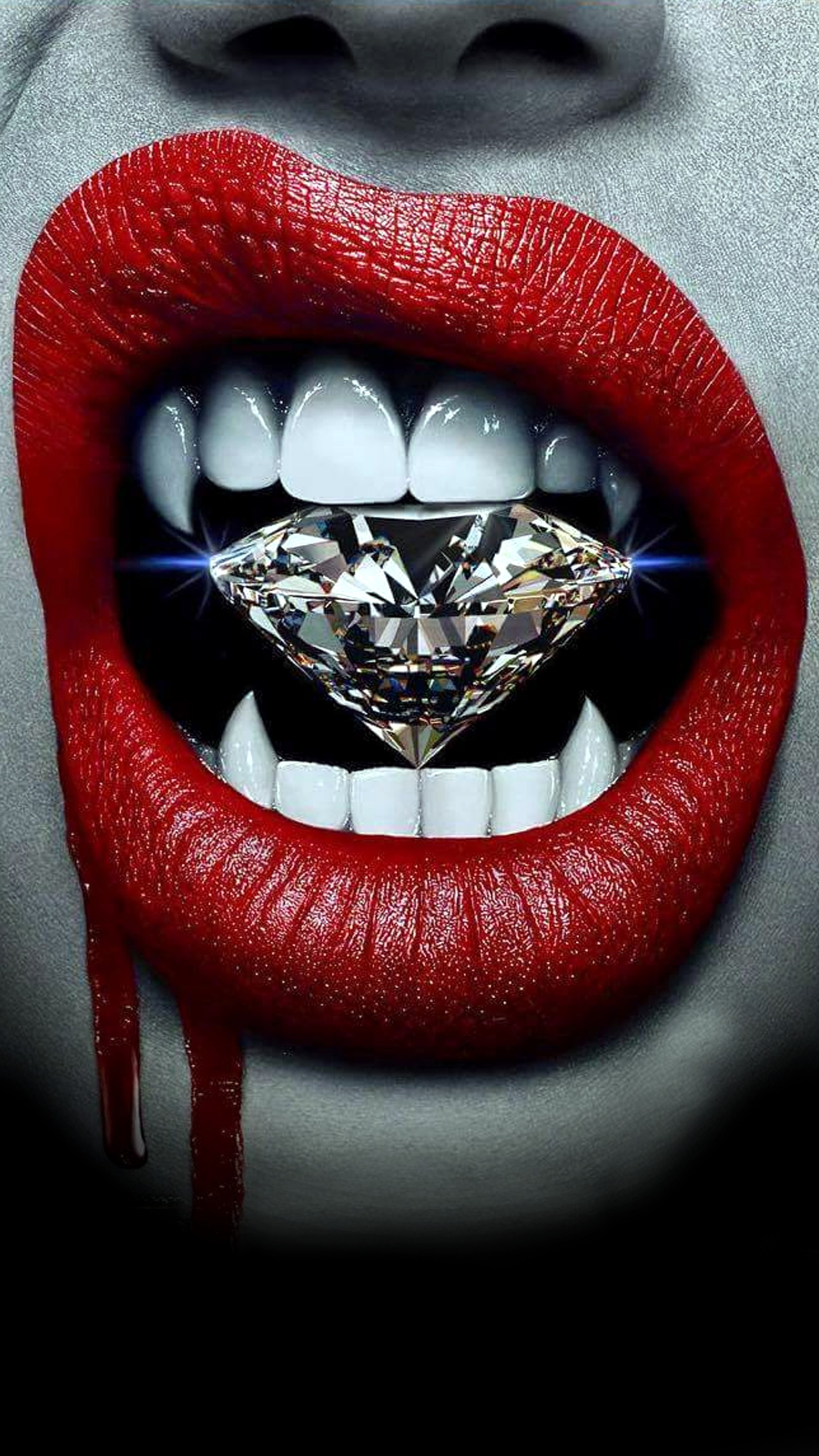 A close up of a woman with a diamond in her mouth (diamond, vampire, vampyr)