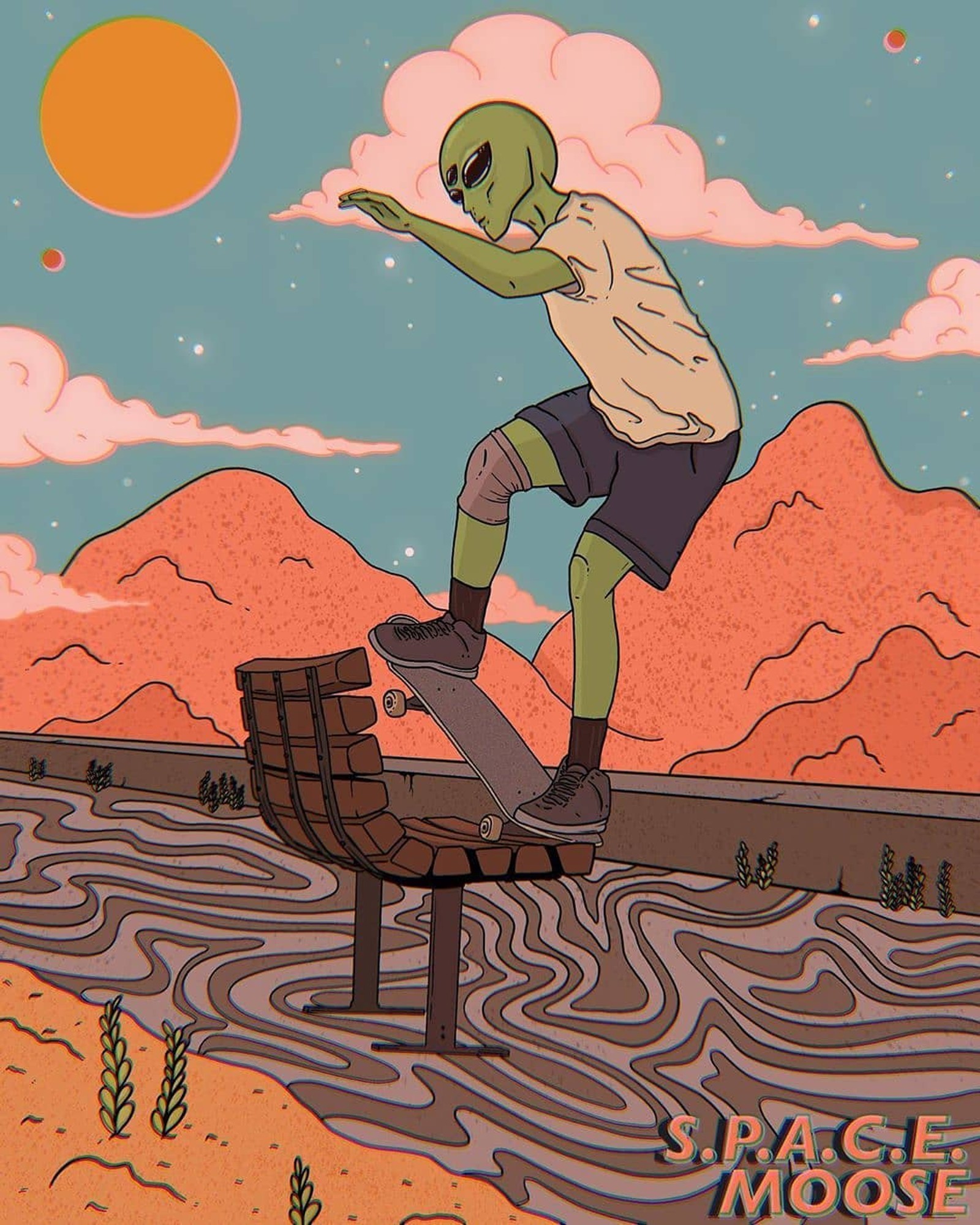 Caricatura de un hombre en una patineta montando un banco en el desierto (dibujos animados, estudio)