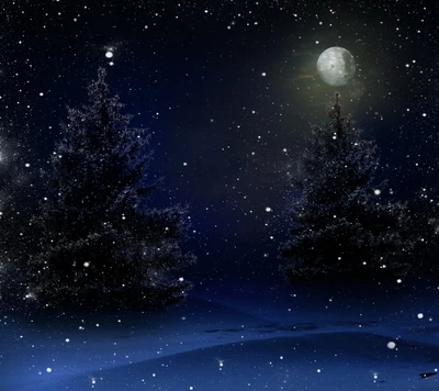 background, moon light, white, winter snow trees