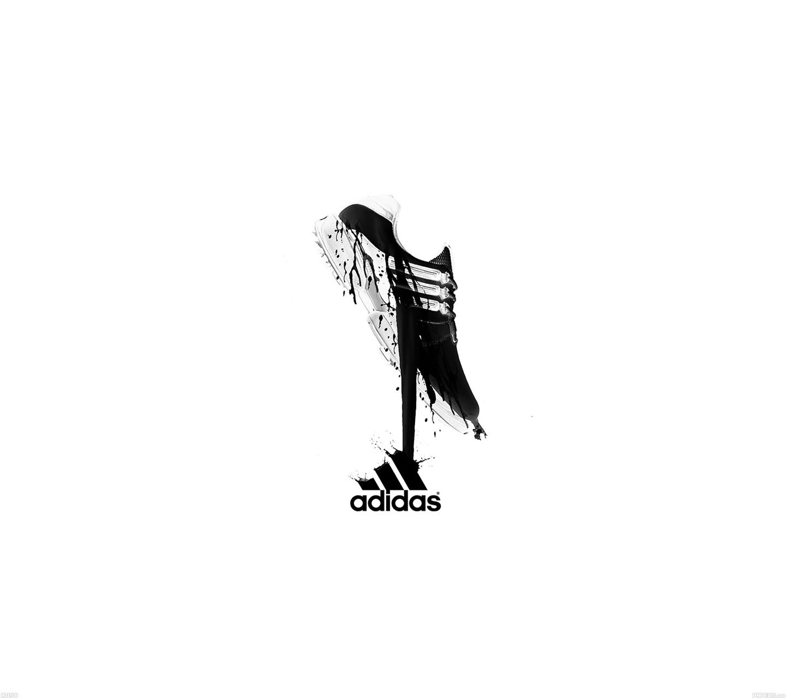 A close up of a black and white image of a shoe (adidas, black, logo, sneakers, white)