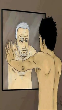 A young man gazes at his reflection, which shows an older version of himself, exploring themes of aging and self-perception.