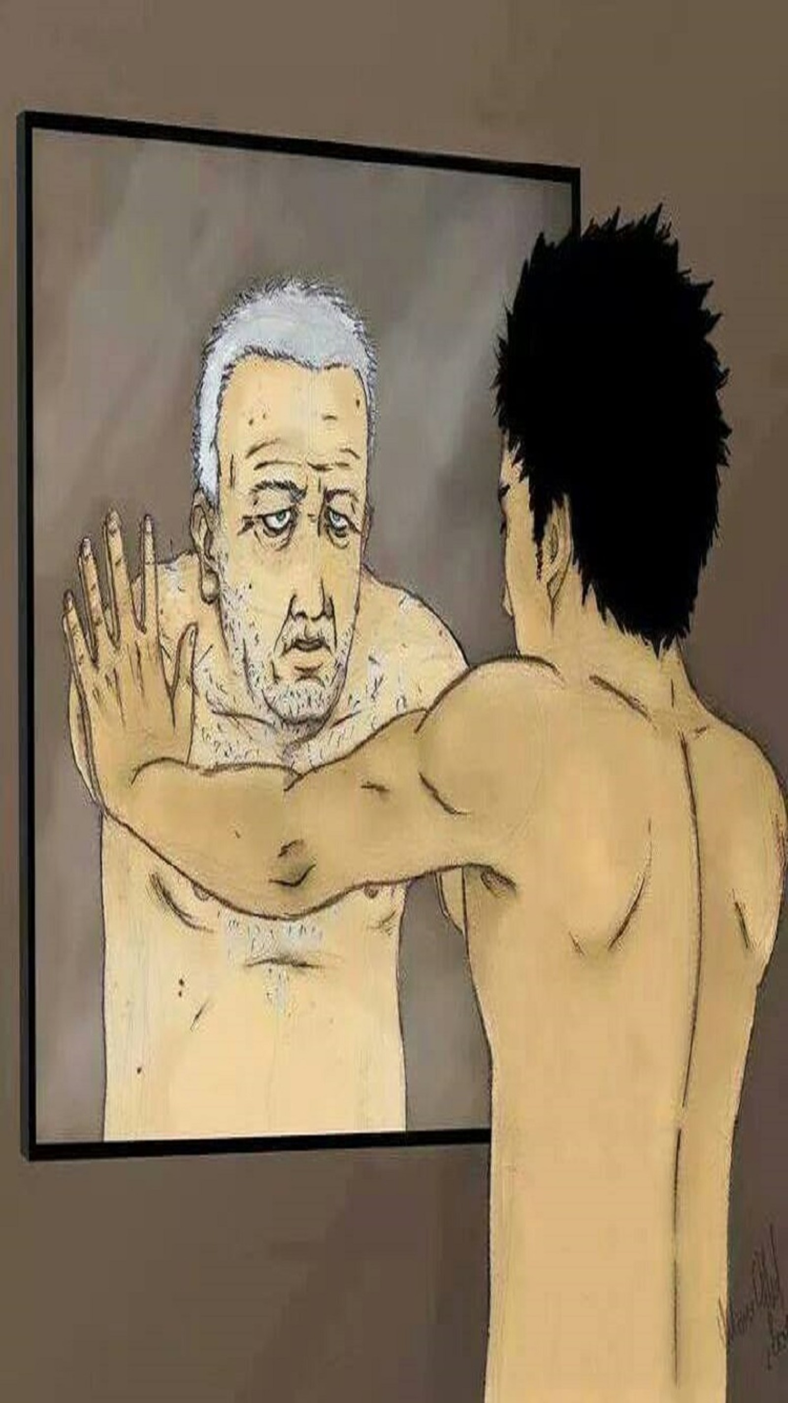 Pintura de um homem olhando para uma pintura de um homem com a cabeça calva (pessoas, jovem)