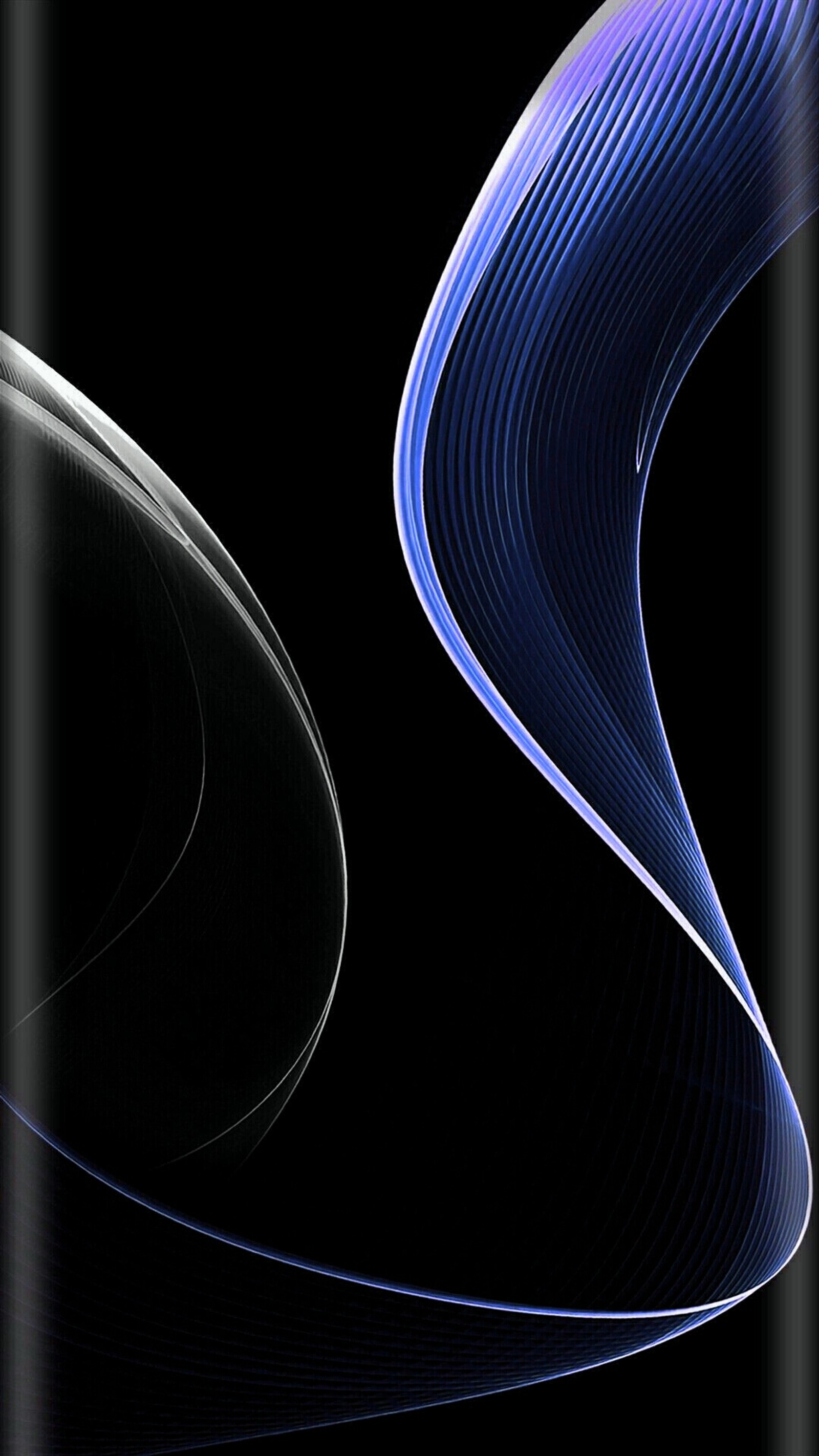 A close up of a cell phone with a curved design on the back (abstract, blue, dark, design, edges)