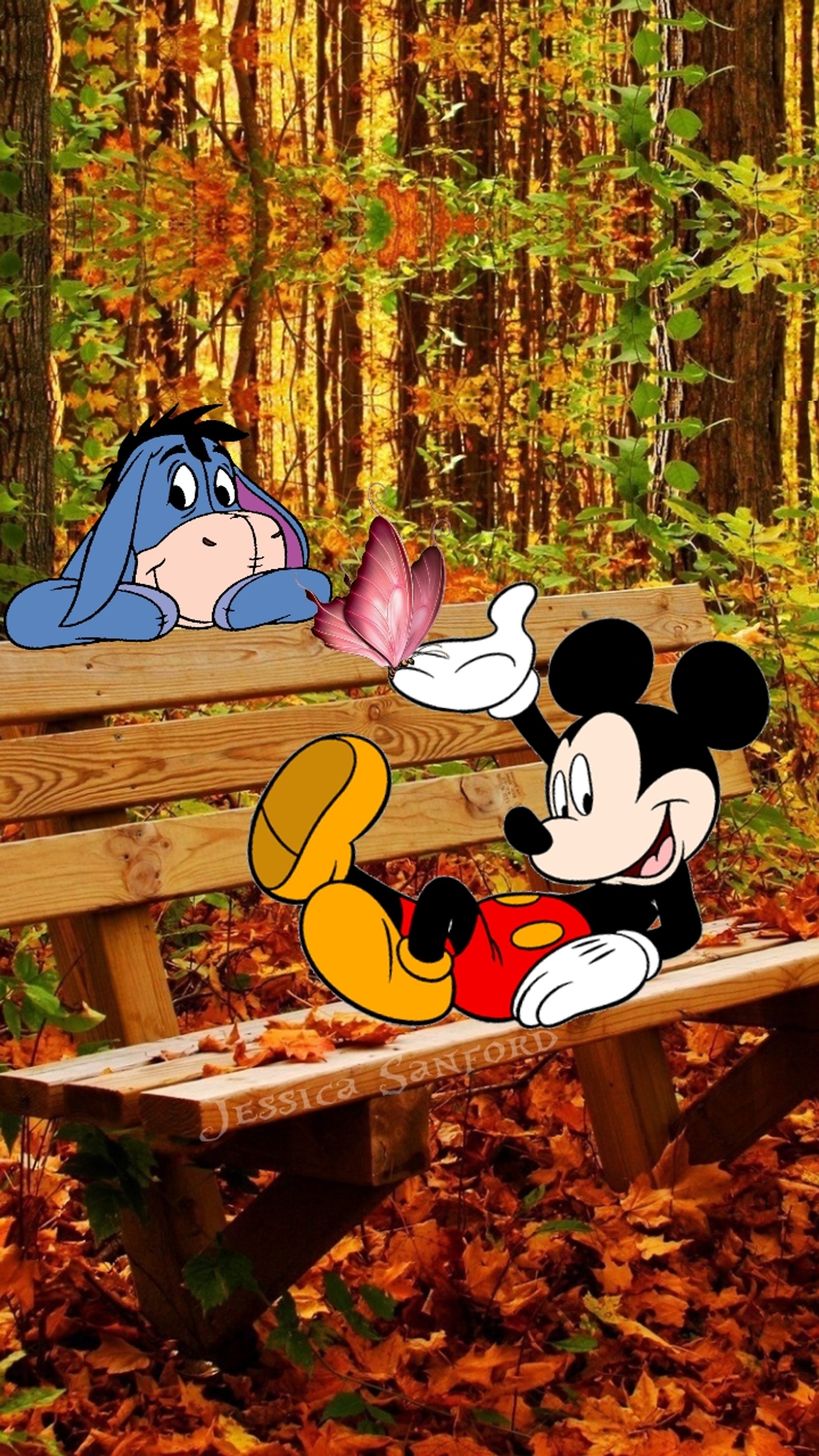 Descargar fondo de pantalla banco, mariposa, eeyore, otoño, mickey mouse