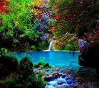 Tranquil Blue Waters Surrounded by Vibrant Autumn Foliage