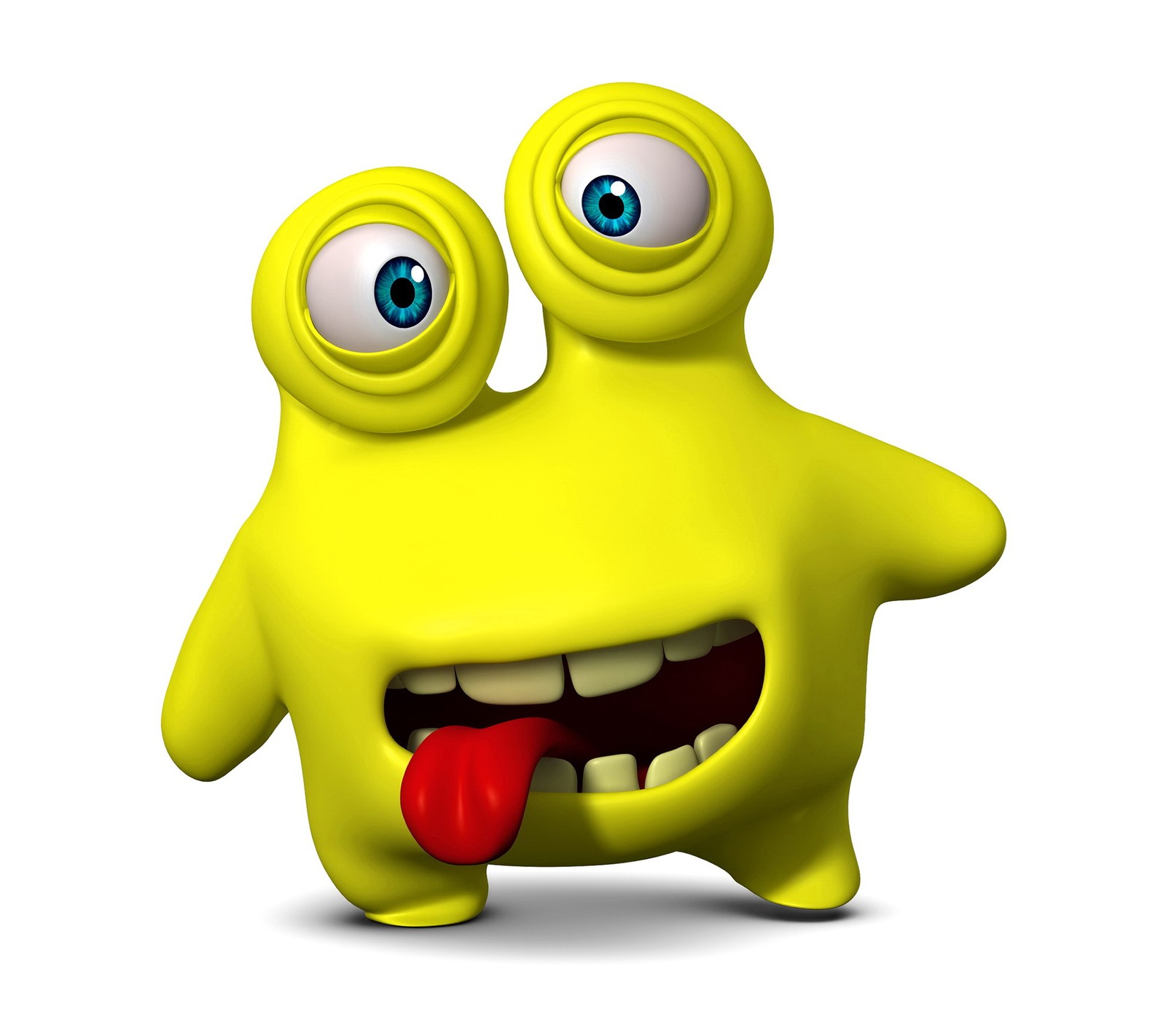 Cartoon gelbes monster mit herausgestreckter zunge und weit offenen augen (3d, niedlich, gesicht, lustig, monster)