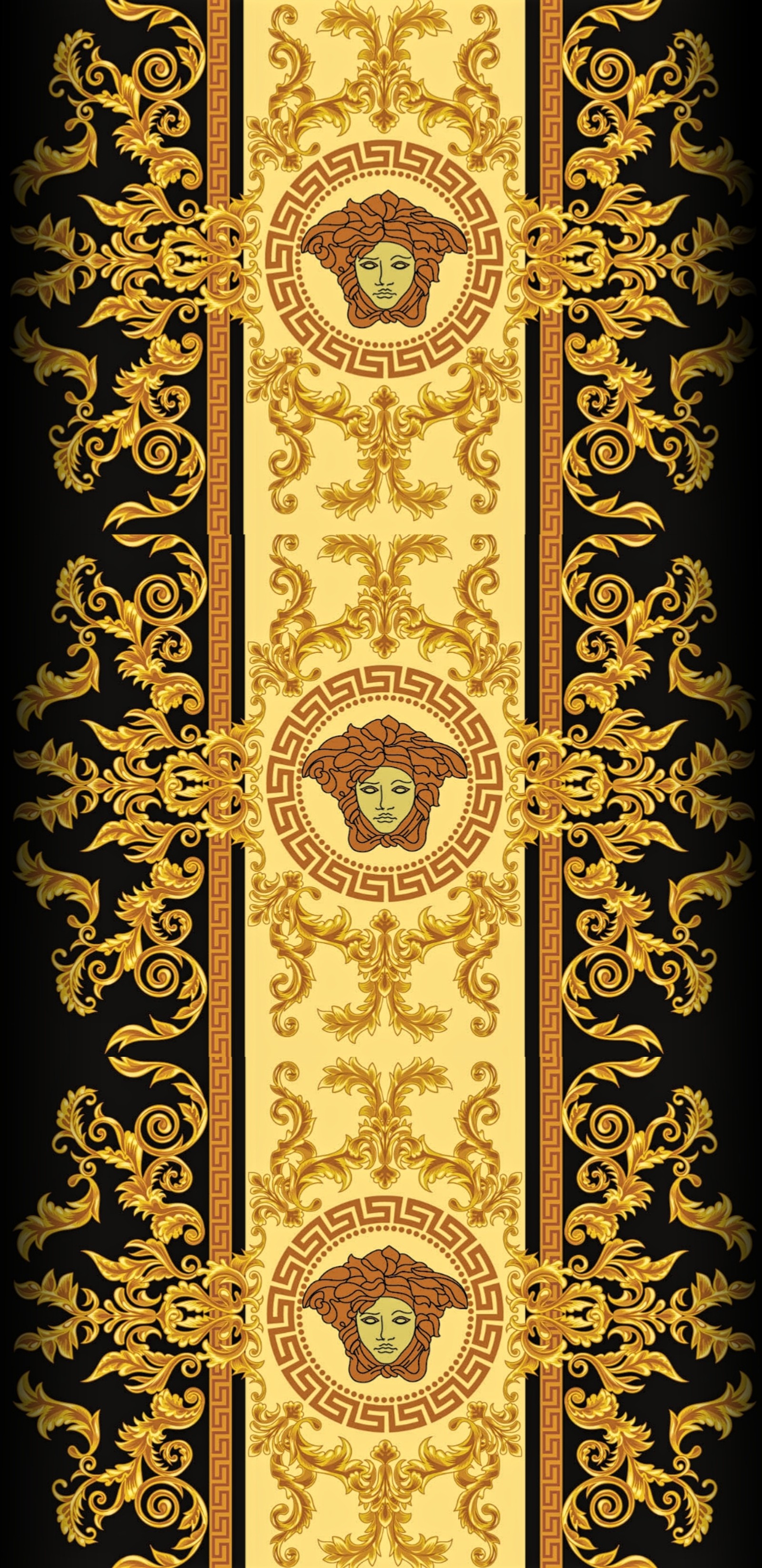 A close up of a wallpaper with a gold and black design (black, brown, design, designs, diamond)